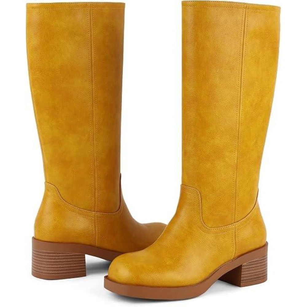 8=Womens Square Toe Knee High Block Heel Gogo Boots Yellow Platform Size 8 - Picture 3 of 5